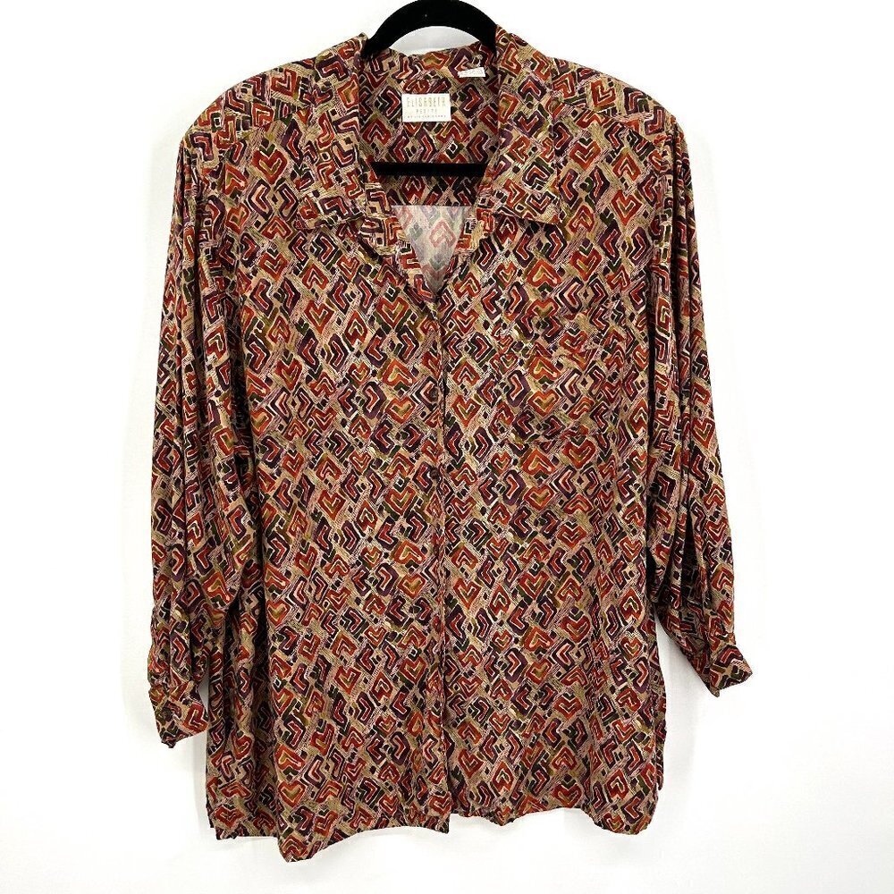 LIZ CLAIBORNE Elisabeth Vintage Brown Red Button Up Shoulder Pad Shirt 18 Petite